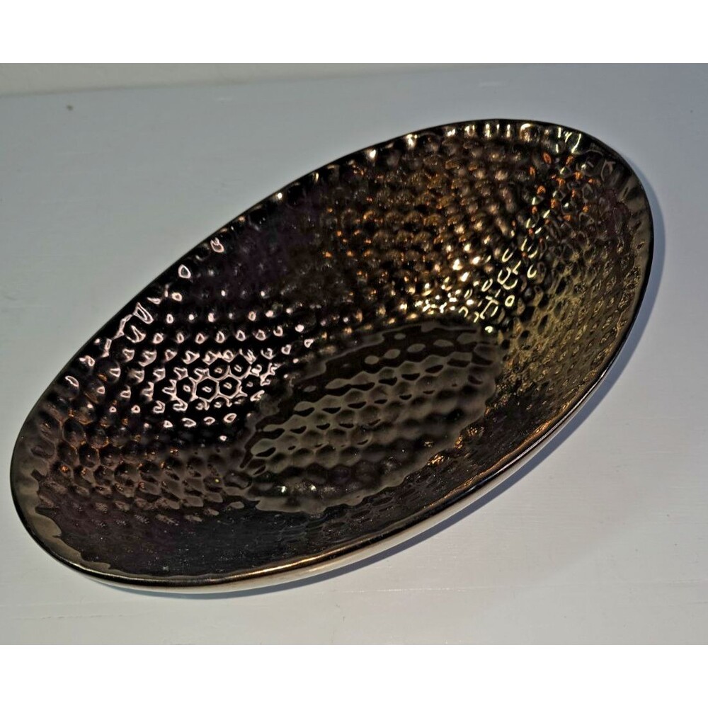 Vintage Copper Bronze Luster Large Heavy Bowl Hammered Pottery Stoneware